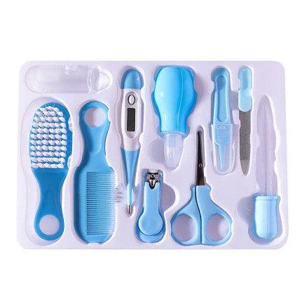 A blue baby care kit featuring thermometer, nasal inhaler, safety nail clippers, comb, and brush designed for grooming and caring for infant.