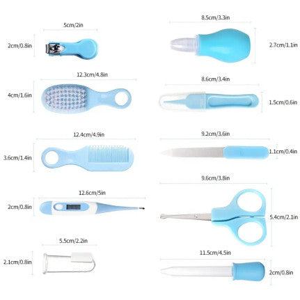 A blue baby care kit featuring thermometer, nasal inhaler, safety nail clippers, comb, and brush designed for grooming and caring for infant.