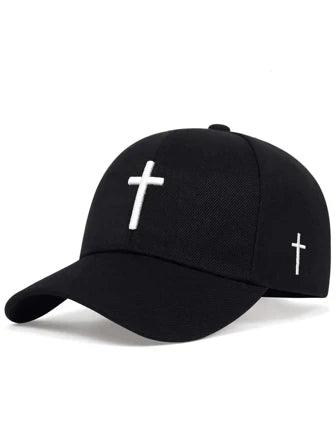 Black baseball cap featuring a white embroidered cross on the front and a smaller cross on the side. The design is minimalist, with the simple cross symbols standing out against the solid black background.