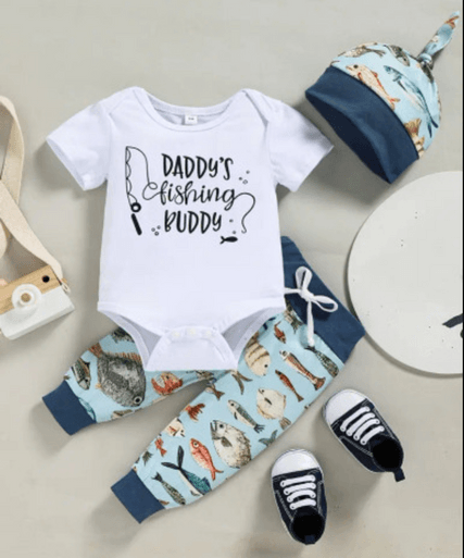 A 3-piece baby boy outfit featuring a 'Daddy's Fishing Buddy' short-sleeve snap-bottom shirt, matching pants, and a coordinating hat, perfect for a cute and coordinated look.