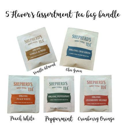 A 5-flavor tea bag bundle featuring a selection of delicious and aromatic teas, perfect for enjoying a variety of flavors in every cup.