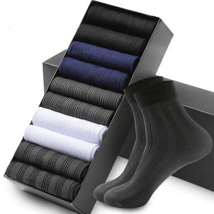 A pack of 5 pairs of men's breathable silky socks, including 3 gray pairs and 2 blue pairs, designed for comfort and style with a soft, lightweight feel.