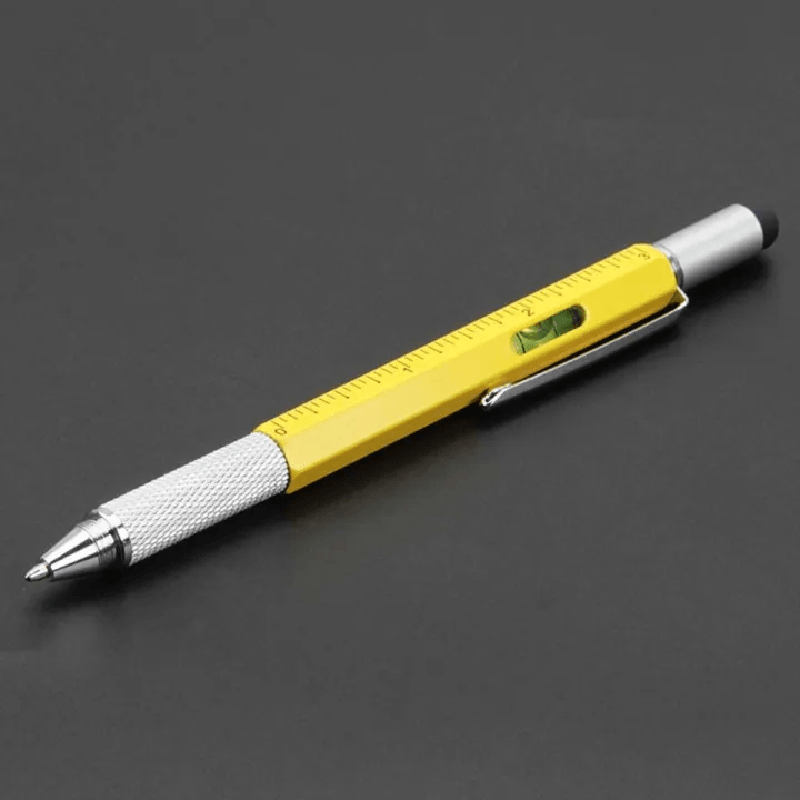 A 6-in-1 multifunction pen that combines various tools, including a ballpoint pen, stylus, screwdriver, level, ruler, and flashlight, perfect for everyday tasks and convenience.