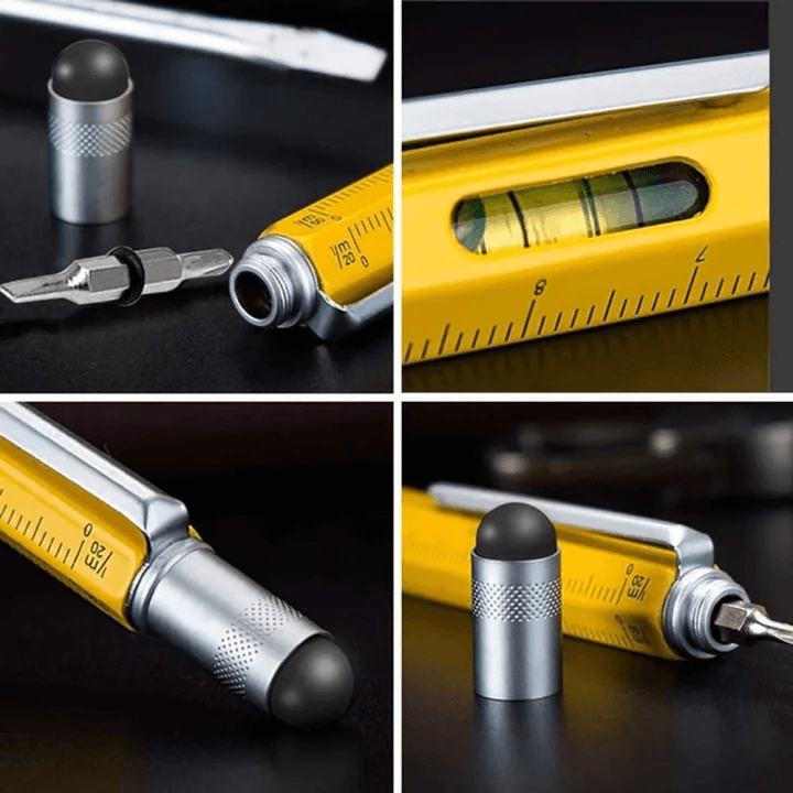 A 6-in-1 multifunction pen that combines various tools, including a ballpoint pen, stylus, screwdriver, level, ruler, and flashlight, perfect for everyday tasks and convenience.