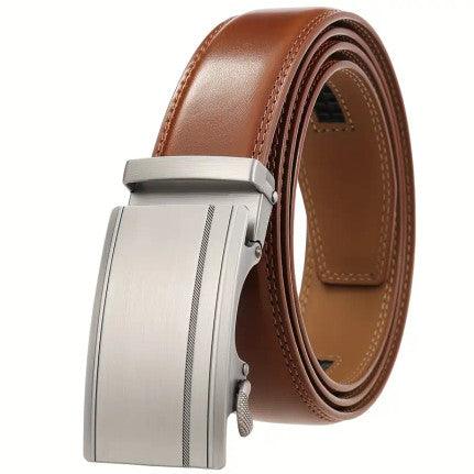 Brown leather belt with a sleek, silver automatic buckle featuring subtle engraved lines, rolled up neatly.