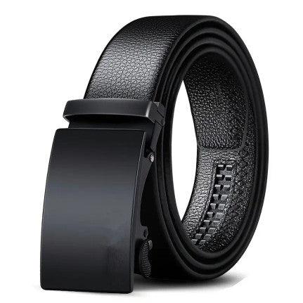 Black leather belt with a sleek, matte black automatic buckle, neatly rolled up.