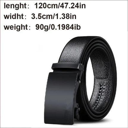 Black leather belt with a matte black automatic buckle, shown with dimensions and weight: length 120 cm (47.24 inches), width 3.5 cm (1.38 inches), and weight 90 g (0.1984 lb).