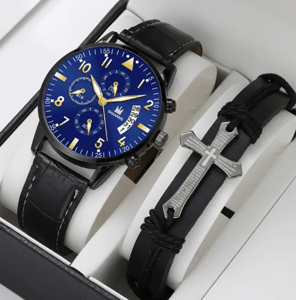 A stylish men's gift set featuring a black leather-strap watch with a blue face and yellow accents, alongside a black leather bracelet with a silver cross charm. The watch has multiple dials, displaying date and time functions, and the bracelet is designed with adjustable leather straps for a sleek, modern look. Both items are presented in a white gift box with compartments.