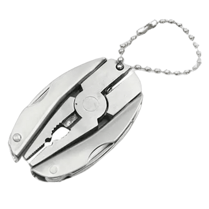 Compact multi-tool keychain in a sleek, oval-shaped silver design. The tool includes small pliers and other foldable features, and it is attached to a short metal chain, making it easy to carry on a keyring or bag.