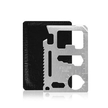 Stainless steel multi-tool card featuring various functions such as a saw blade, bottle opener, wrench, ruler, and screwdriver. The card is compact and fits easily into a wallet, and it comes with a black protective sleeve for safe storage.