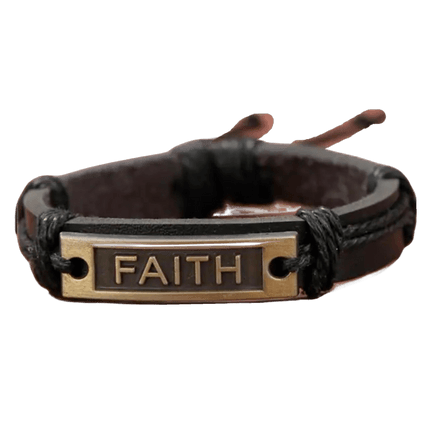 Brown leather bracelet featuring a metal plate with the word "FAITH" engraved in bold letters. The bracelet has adjustable straps and a rustic design, combining both metal and leather elements for a stylish, faith-inspired accessory.