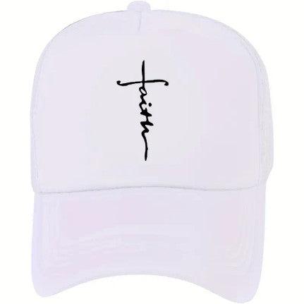 White baseball cap featuring a black embroidered design of the word "faith" integrated into the shape of a cross. The minimalist design stands out against the plain white background, making it a simple yet powerful statement piece.