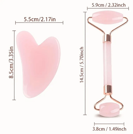 A pink jade roller and gua sha set with dimensions provided. The jade roller measures 14.5 cm (5.70 inches) in length, with the larger rolling end at 5.9 cm (2.32 inches) and the smaller end at 3.8 cm (1.49 inches). The gua sha tool measures 8.5 cm (3.35 inches) in height and 5.5 cm (2.17 inches) in width. Both tools are made from smooth pink jade, with the roller designed for facial massage and the gua sha for contouring and massaging the face, enhancing skincare routines with a natural, soothing touch.