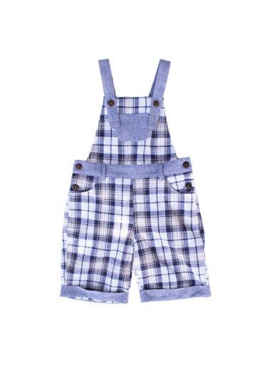 A pair of children's overalls featuring a light blue, white, and gray plaid pattern. The overalls have adjustable shoulder straps with button closures and a front chest pocket. They also include side pockets and cuffed shorts, making them a stylish and comfortable outfit for a child.