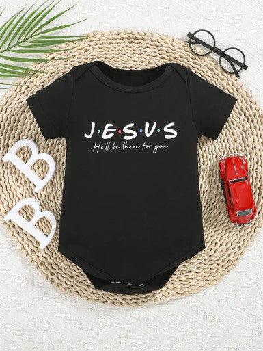 A cute baby black romper showcasing the text "Jesus, He'll be there for You", ideal for expressing faith in children's fashion.