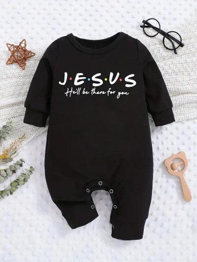 A cute baby black long sleeve romper bodysuit showcasing the text "Jesus, He'll be there for You", ideal for expressing faith in children's fashion.