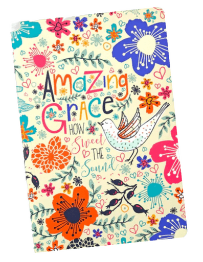 A colorful journal featuring a whimsical floral design with vibrant flowers in shades of blue, orange, pink, and green. The cover displays the phrase "Amazing Grace How Sweet the Sound" in a playful, artistic font, accompanied by a dove illustration. The cheerful and uplifting design makes it perfect for journaling or note-taking.