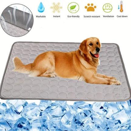 A cooling mat for pets, designed with a soft gray surface and a quilted texture, shown with a golden retriever lying comfortably on it. The mat is surrounded by images of ice cubes, highlighting its cooling effect. Icons above the mat indicate its features, including being washable, eco-friendly, scratch-resistant, providing ventilation, and offering instant cooling for pets.