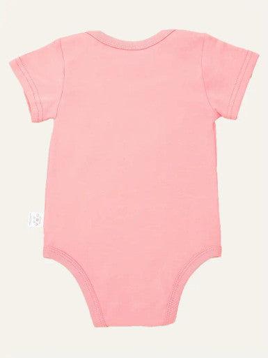 A cute short sleeve baby pink romper showcasing the text "little answered prayer", symbolizing joy and love for a newborn child.