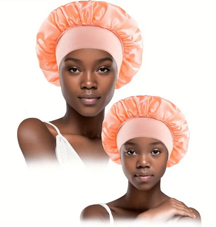  Two models wearing matching peach satin bonnets, one adult and one child. The bonnets are designed to protect hair while sleeping, featuring a smooth, shiny finish and a wide elastic band for a secure and comfortable fit. The satin material helps reduce friction, preventing hair breakage and maintaining moisture.