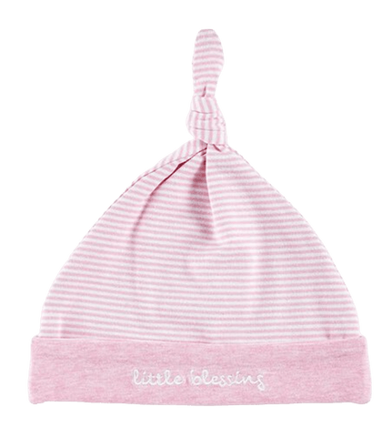 A soft pink and white striped baby hat with a knotted top. The hat has a folded brim with the words "little blessing" embroidered in white script. The design is both cute and cozy, perfect for keeping a baby's head warm while adding a sweet, comforting touch.