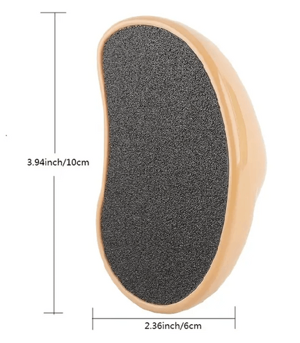 A curved, bean-shaped pumice stone with a beige handle and a black, textured surface for exfoliation. The dimensions are 10 cm (3.94 inches) in height and 6 cm (2.36 inches) in width, making it compact and easy to hold. Ideal for smoothing rough skin, particularly on the feet.