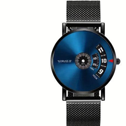 A sleek men's wristwatch featuring a metallic blue dial with a minimalist design. The watch has a unique time display with rotating dials for hours and minutes, and the brand name "ORUSS" is printed on the face. The watch is paired with a black mesh strap, adding a modern and sophisticated touch. It is presented in a gift box with a tag that reads "Quality of The Times."