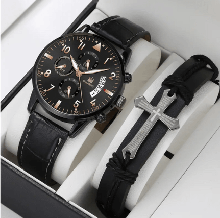 A stylish men's gift set featuring a black leather-strap watch with a blue face and yellow accents, alongside a black leather bracelet with a silver cross charm. The watch has multiple dials, displaying date and time functions, and the bracelet is designed with adjustable leather straps for a sleek, modern look. Both items are presented in a white gift box with compartments.